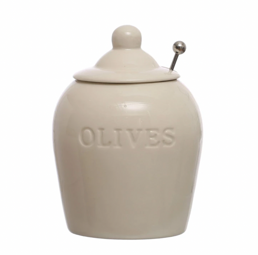 Stoneware Olive Jar with Spoon